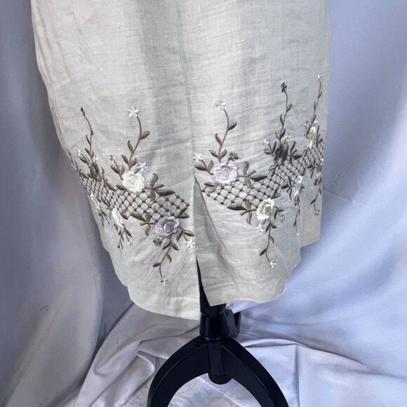 Cali Cali Beige 100% Linen Sleeveless Embroidered Hem Sheath Dress Size 6 - Picture 5 of 8